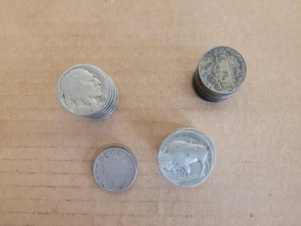 2 V Nickels, 31 Buffalo Nickels and 10 War Nickels