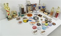Collection of Pin Back Buttons & Trophys