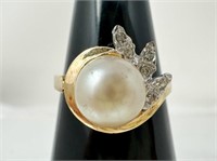 14k Pearl Diamond Ring, 3.21g, 7.55mm, Size 7.25