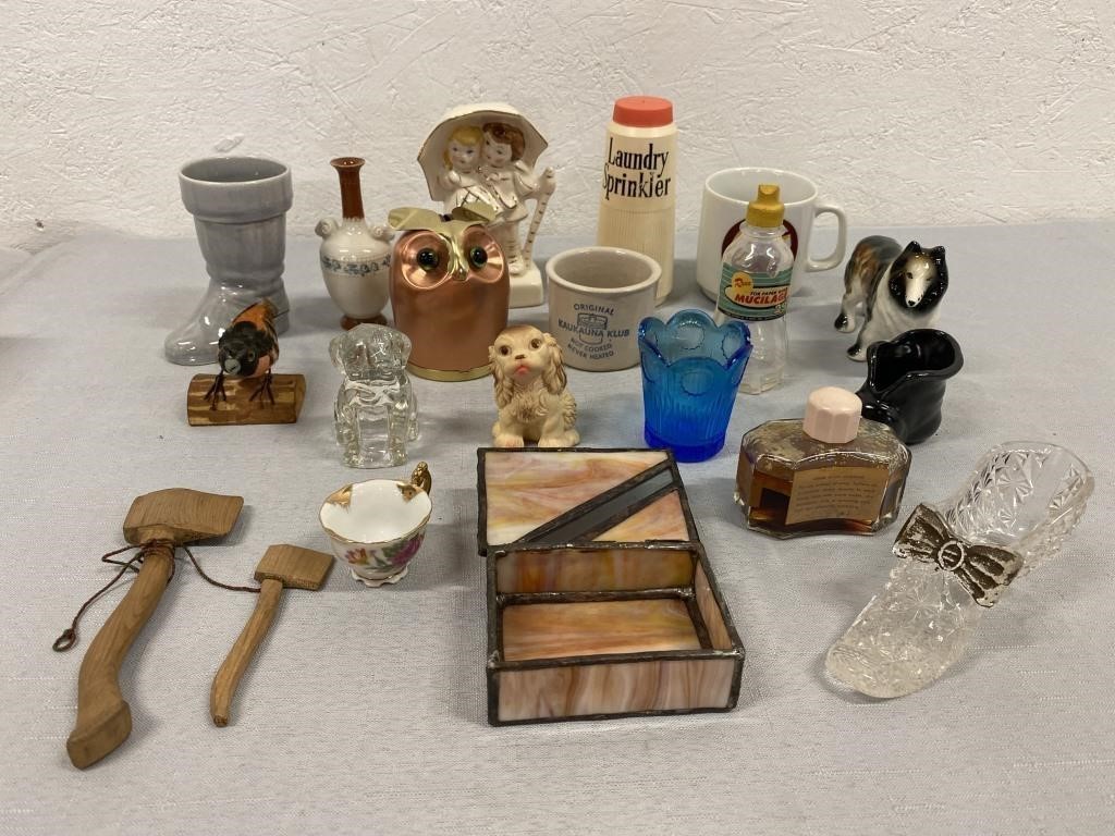 Misc. Vintage Glassware, Owl Bank, Decorations