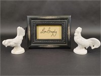 Ceramic Hen & Rooster and Framed Embroidery