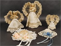 Three Doily Angels and Two Doll Hats