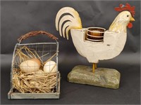 Rustic Rooster Candle Holder & Basket of Eggs