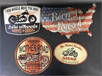 Three Motorcycle & USA Metal Signs