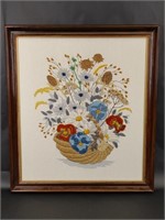 Framed Hand Embroidered Floral Basket