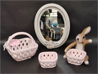 Pink Ceramic Candy Dishes and Porcelain Mirror