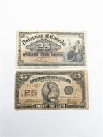 Dominion Of Canada Lot Of 2 25 Cent Bills