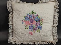 Hand Embroidered Pillow with Lace Trim