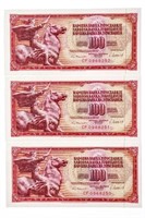 Lot 3 Yugoslovia GEM UNC 100 Dinara in Sequence