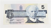 1986 Canadian 5 Dollar Bill Mint Condition