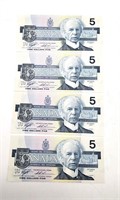 Lot Of 4 1986 Sequential Canadian 5 Dollar Bills