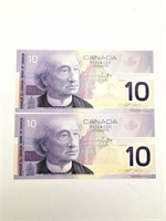 2001 Lot Of 2 Sequential Canadian Dollar Bills
