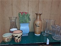 Shelf lot with misc vases, small pots
