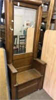 Antique hall seat coat rack with mirror back 75in