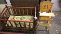 Antique doll crib and highchair