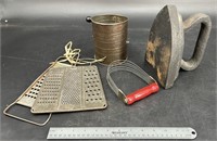 Antique Sad Iron, Sifter, Masher & 2 Graters
