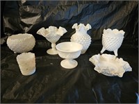 7 Fenton Milk Glass Compotes and Vases