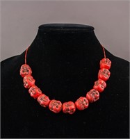 Chinese Red Lacquer Buddha Head Necklace