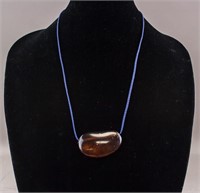 Oval Amber Pendant Necklace Blue String