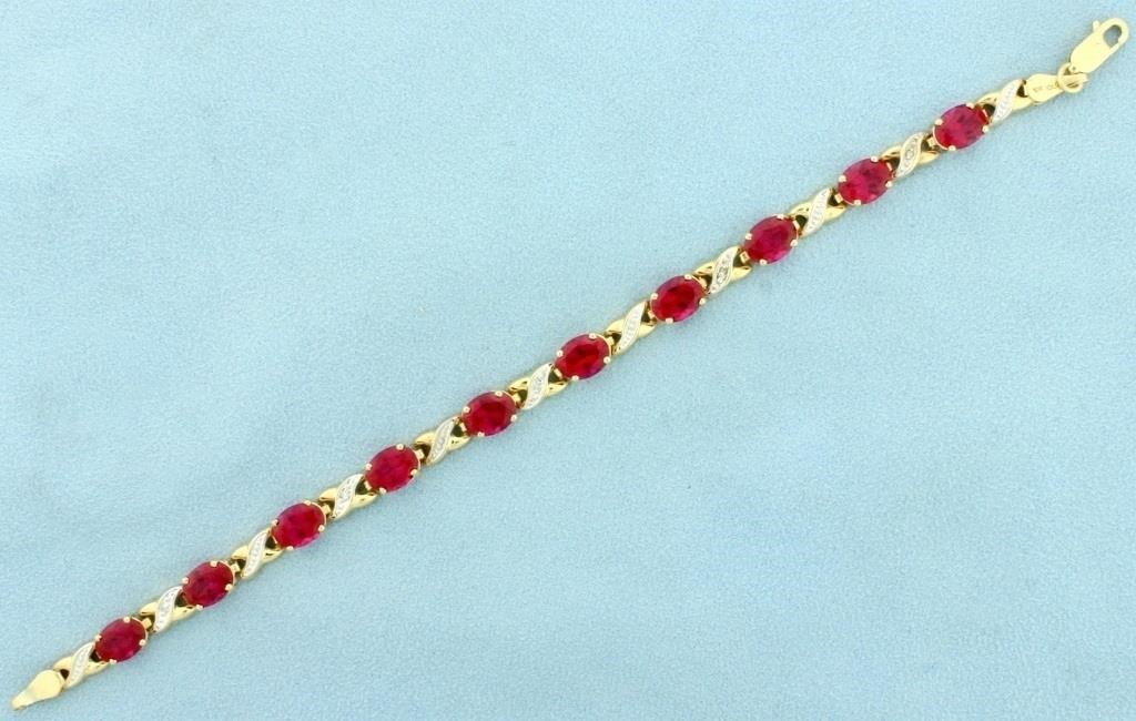 15ct Lab Ruby and Diamond Bracelet in 10k Yellow G