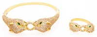 Bangle Bracelet & Matching Ring Set, Panther Heads