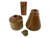 (2) antique stoneware inkwells & (1) miniature