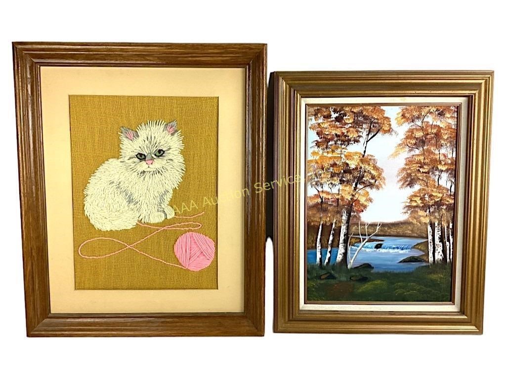 Wooden Framed Art including needlepoint Art Cat