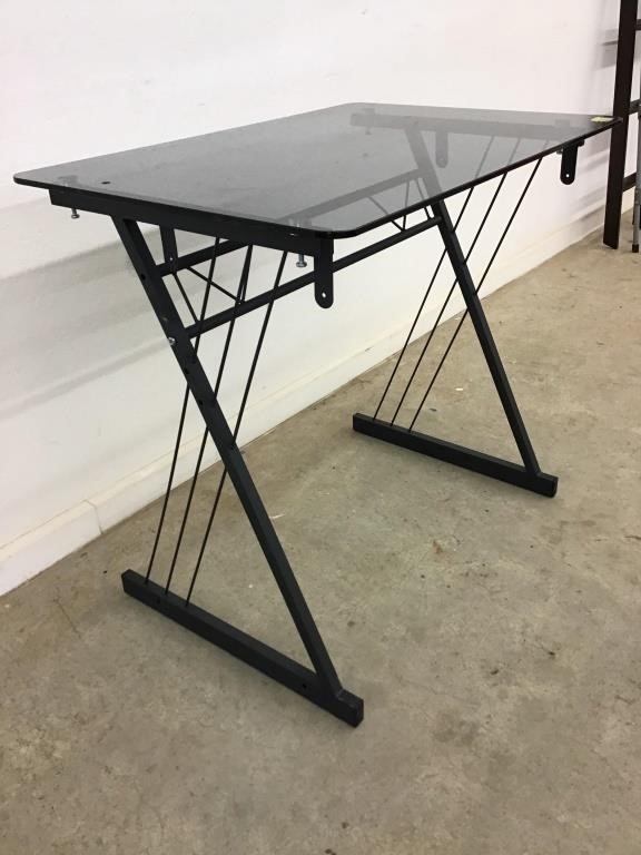 Modern Smoked Glass Top Desk with Metal Base