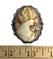 Edwardian silver filigree carved shell cameo