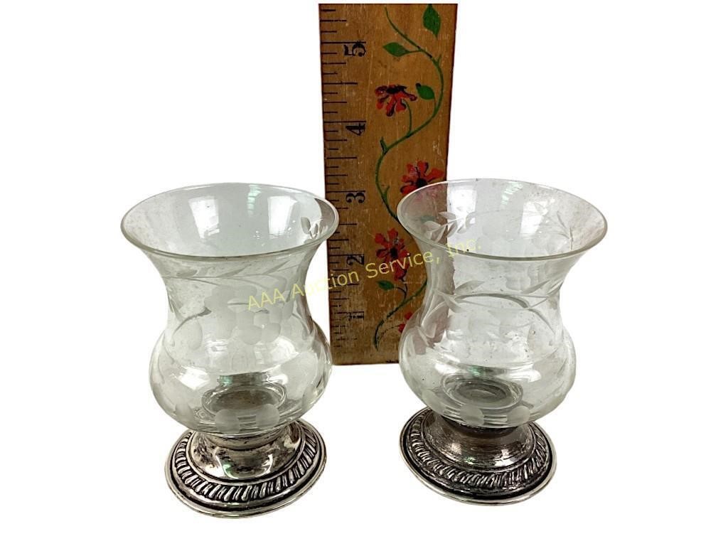 (2) etched glass bud vases with sterling bases.