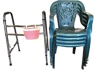(4) plastic outdoor chairs, walker