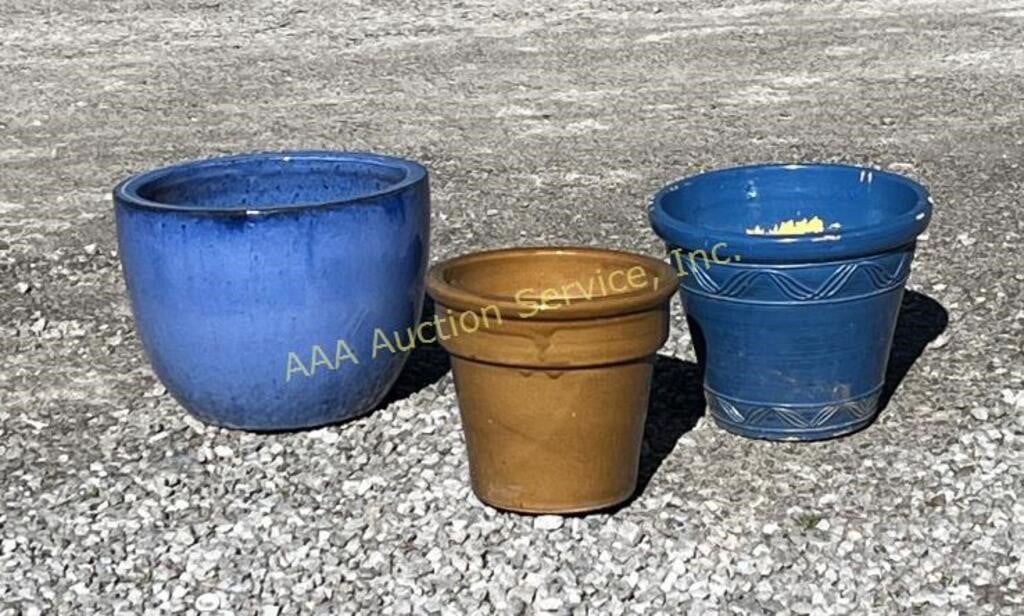 (3) planters, 2 are ceramic & 1 is made in