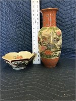 Decorative Japanese Peacock Vase and Bowl