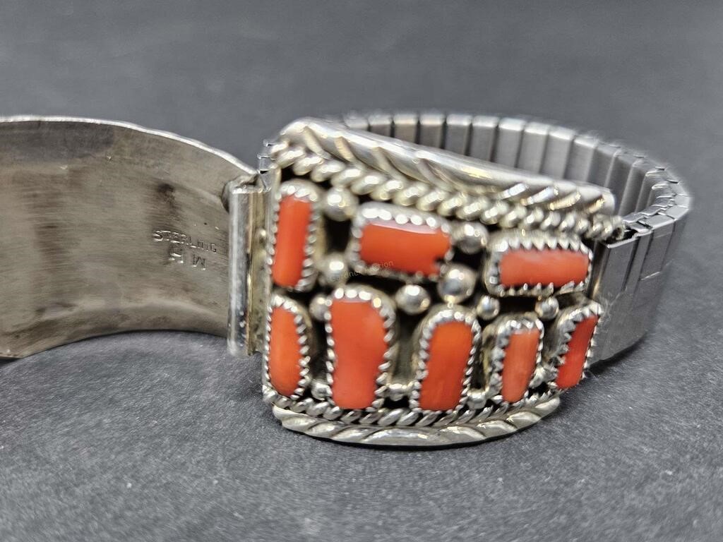 ZUNI STERLING WATCH GUARDS W/ CORAL