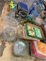 Children's books/puzzle.  Assorted glass dishes,