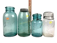 Ball jars blue (3 - imperfect) and clear (1)