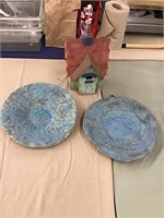 Arts and crafts bird house and pottery chargers