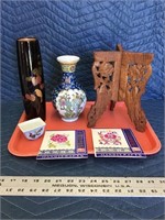 Oriental Housewares Tray Lot of 6 Vases Stand
