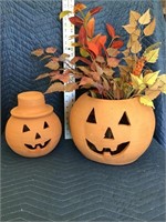 Pottery Pumpkins Lot of 2 with Faux Leaves