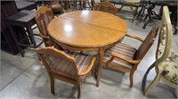 OAK GAME TABLE W/ LEAF  & 4 UPHOLSTERED CHAIRS