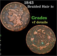 1843 Braided Hair Large Cent 1c Grades vf details