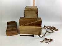 Assorted wooden boxes.  Iron railroad spike.