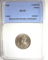 1924 5 Cents NNC MS64 Canada