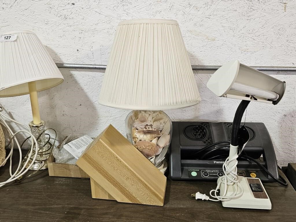 TABLE LAMPS, CROCK POT. HANGING LAMP & OTHER