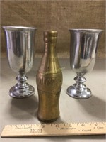 Vintage brass Coca-Cola bottle, Pewter wine