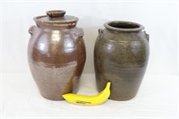 Pair Primitive Ovoid 2-Gal. Pottery Churn & Jar