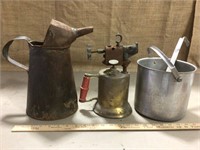 Vintage Blow torch, Oil can, Aluminum kettle w