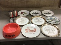 Commemorative plates, dog bowl, vintage shoe