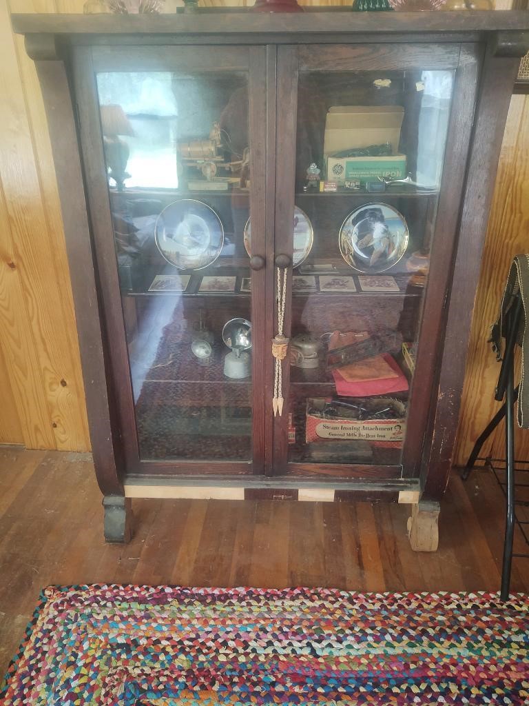 Tiger Oak Double Glass Door Cabinet - VERY OLD! Ca