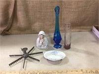 Antique pie scorer, glass vases, dish, Mother Mary